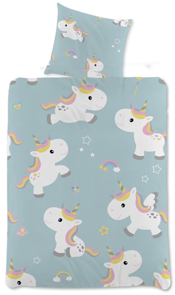 Se Enhjørning sengetøj - 140x200 cm - Unicorn og regnbue børnesengetøj - 2 i 1 design - Sengesæt i 100% bomuld hos Dynezonen.dk